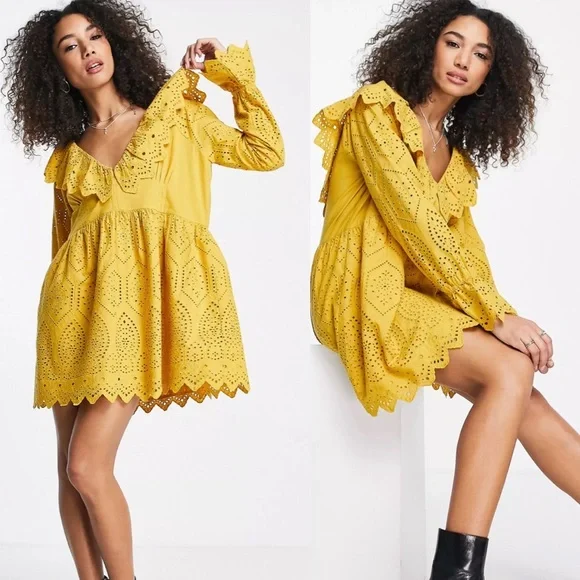 NWT  broderie ruffle neck chuck on dress in yellow - Picture 3 of 8